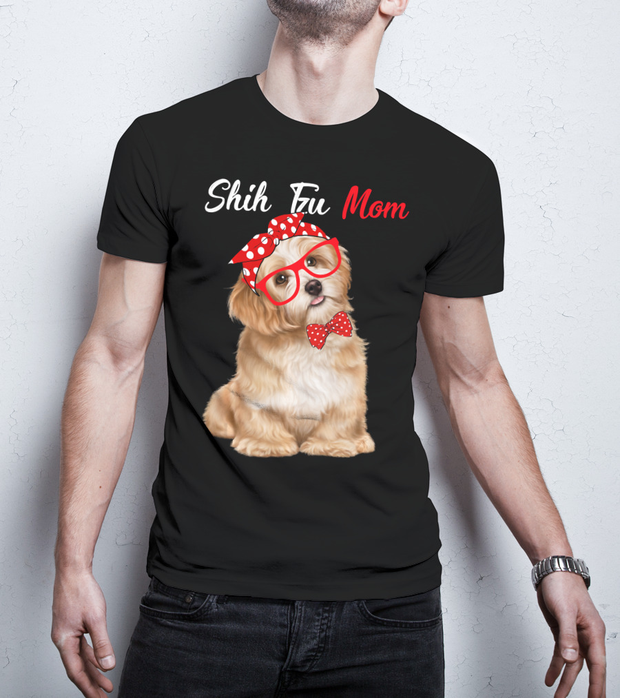 Shih Tzu Mom Red Glasses And Polka Dot Bow Accessories T-Shirt