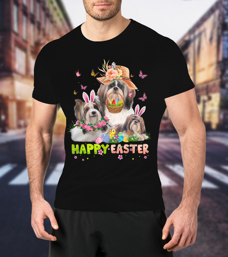 Shih Tzu Dogs With Bunny Ears And Easter Eggs Celebrating Happy Easter T-Shirt