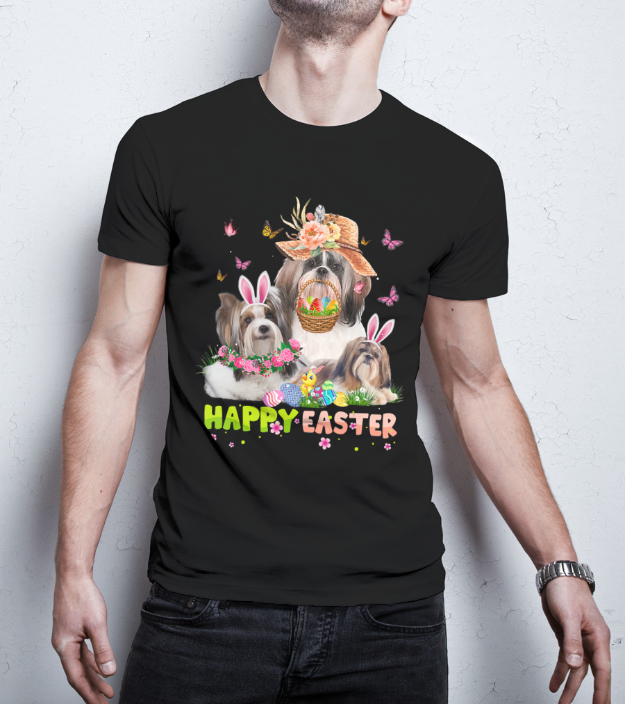 Shih Tzu Dogs With Bunny Ears And Easter Eggs Celebrating Happy Easter T-Shirt