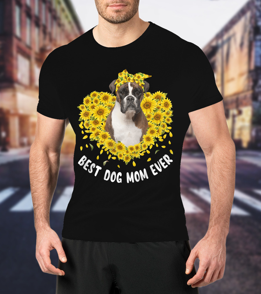 Best Dog Mom Ever Boxer Surrounded By Sunflowers T-Shirt