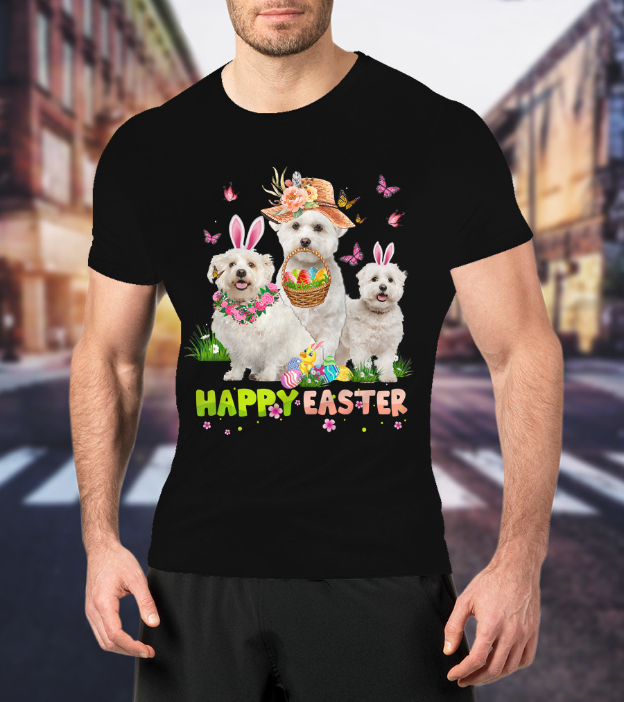 Happy Easter Maltese Dogs Bunny Ears Basket Eggs Butterflies T-Shirt