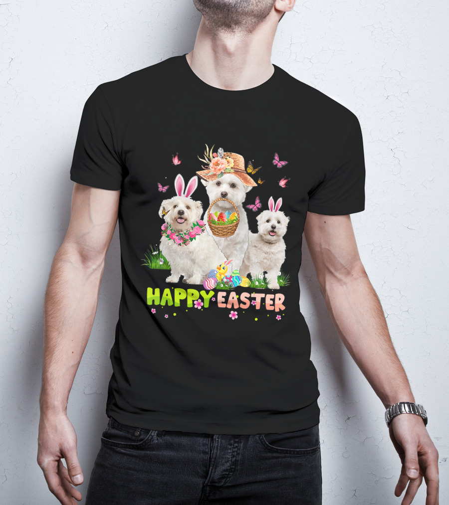 Happy Easter Maltese Dogs Bunny Ears Basket Eggs Butterflies T-Shirt