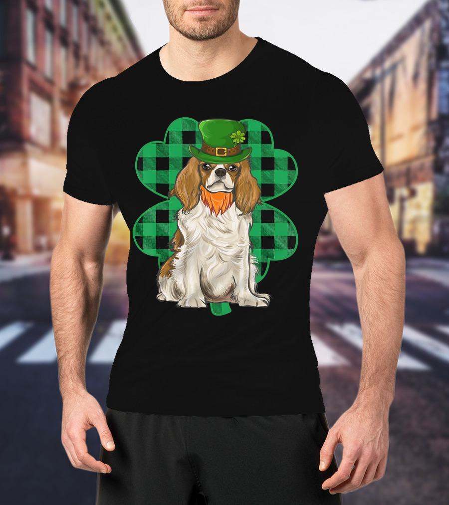 King Charles Spaniel Leprechaun With Shamrock Hat And Plaid Clover T-Shirt