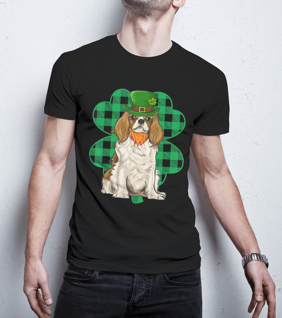 King Charles Spaniel Leprechaun With Shamrock Hat And Plaid Clover T-Shirt