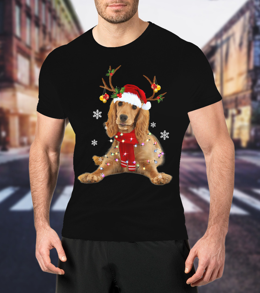 Cocker Spaniel In Santa Hat With Christmas Lights And Reindeer Antlers T-Shirt
