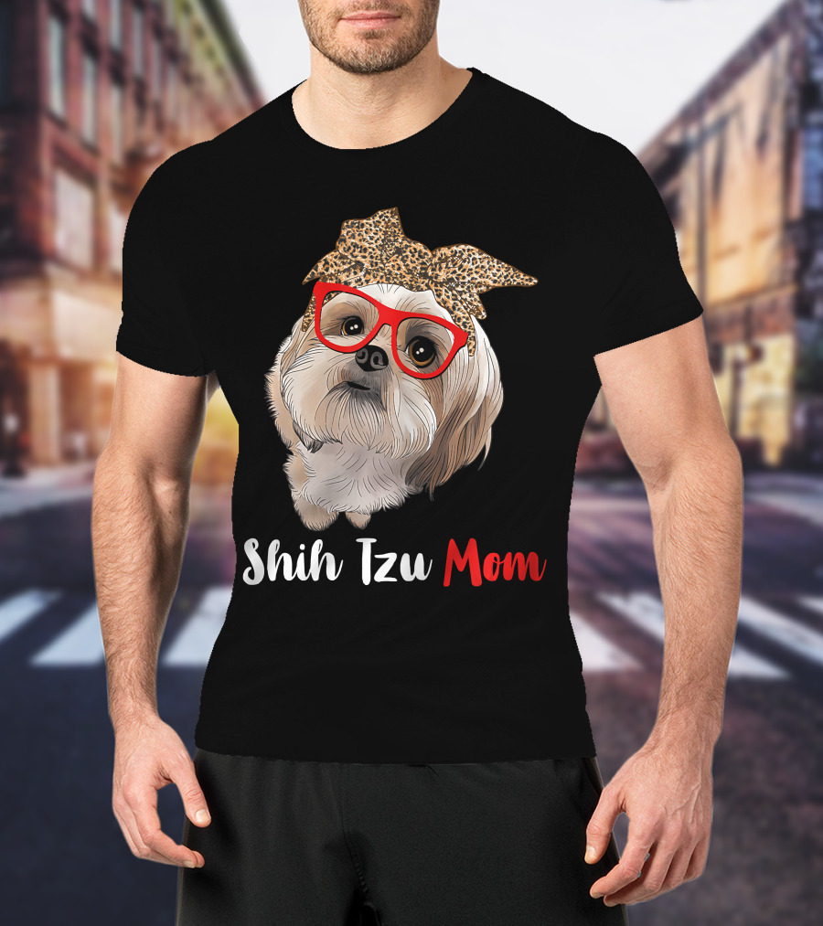 Shih Tzu Mom Leopard Print Bow Cute Dog Lover Red Glasses T-Shirt