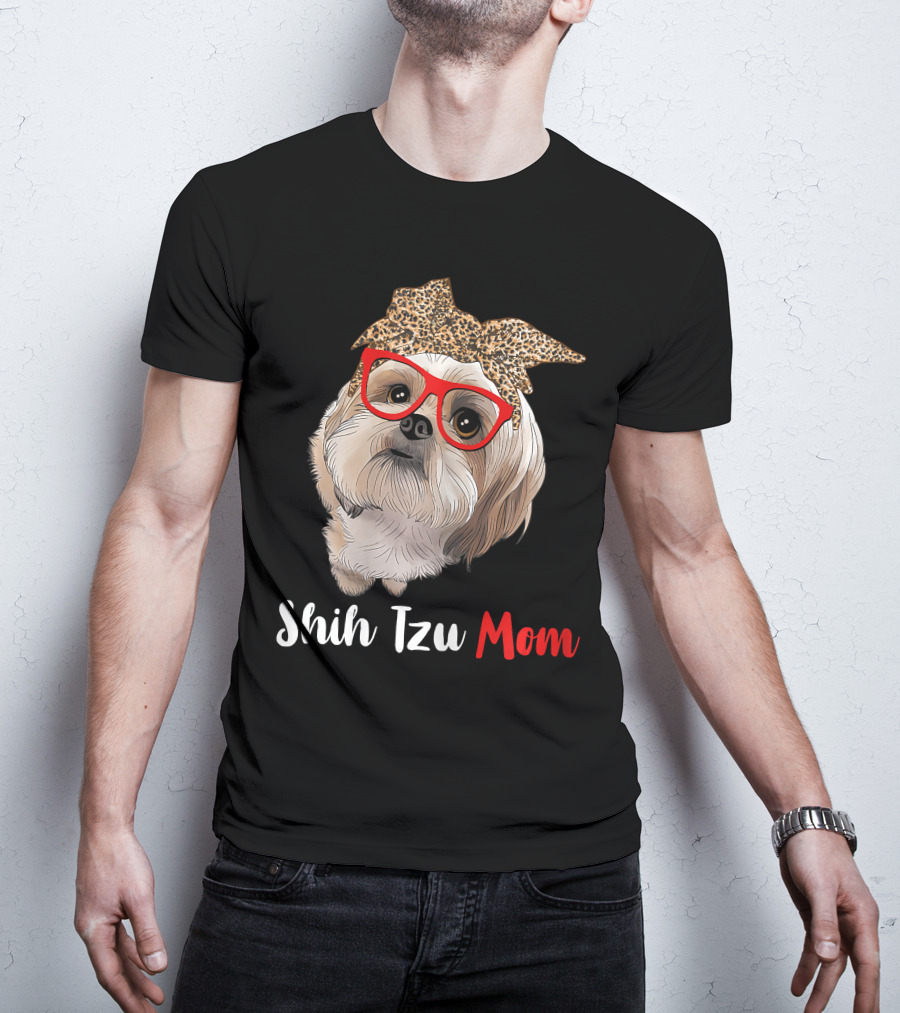 Shih Tzu Mom Leopard Print Bow Cute Dog Lover Red Glasses T-Shirt