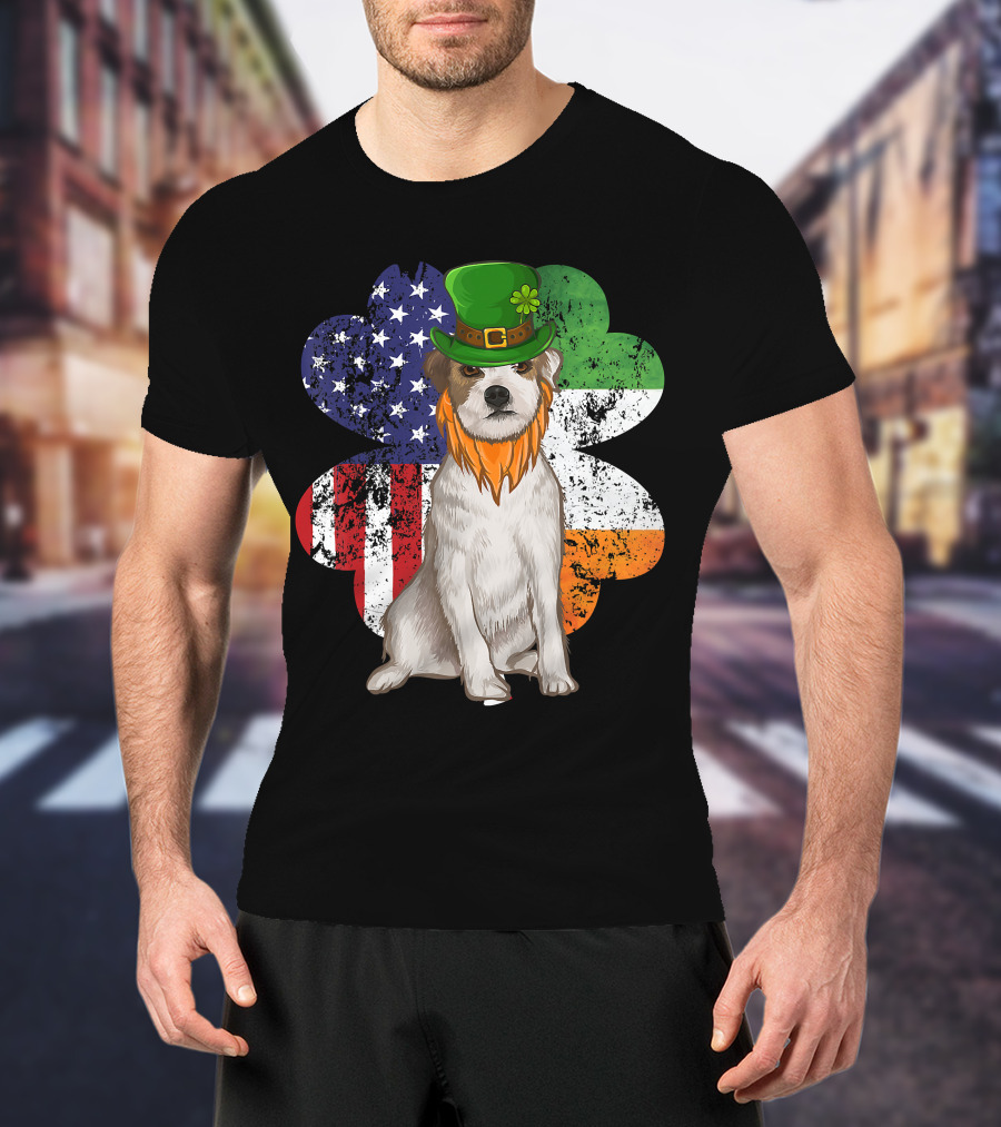 Irish American Parson Terrier Wearing Leprechaun Hat With USA And Ireland Flags Shamrock St. Patrick's Day T-Shirt