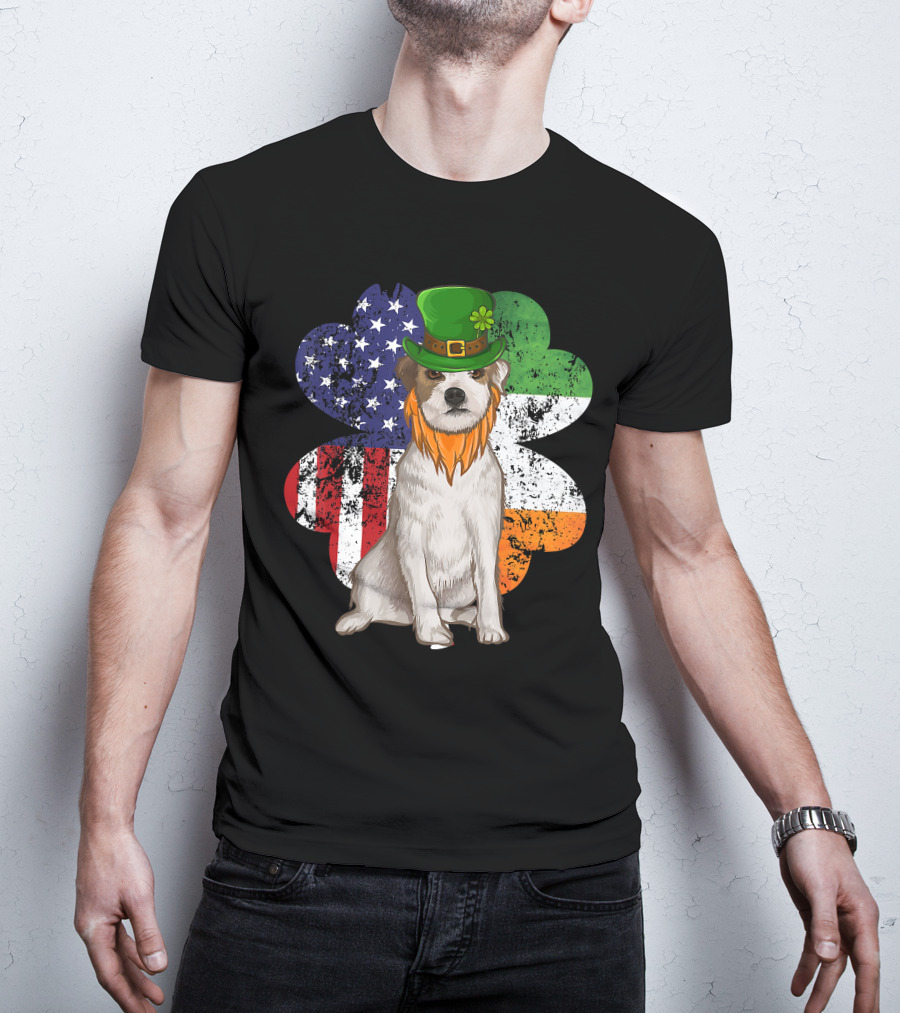 Irish American Parson Terrier Wearing Leprechaun Hat With USA And Ireland Flags Shamrock St. Patrick's Day T-Shirt