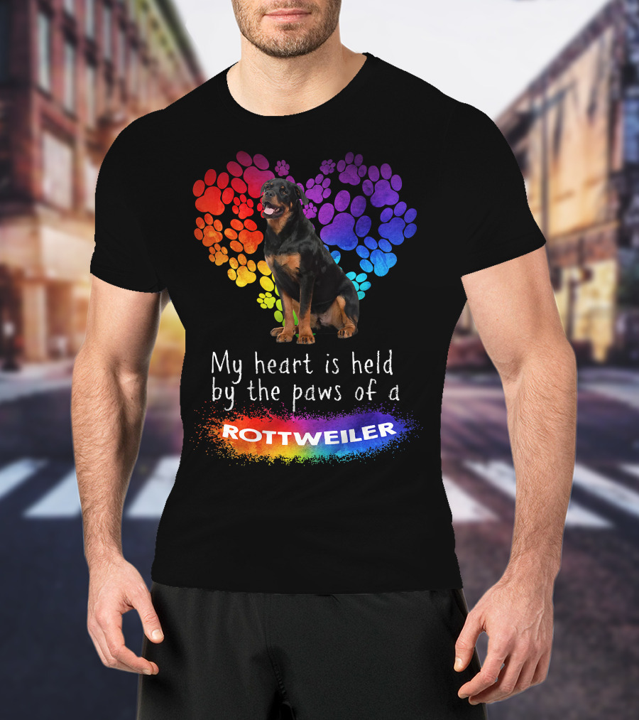 My Heart Is Held By The Paws Of A Rottweiler Rainbow Paw Print Heart T-Shirt