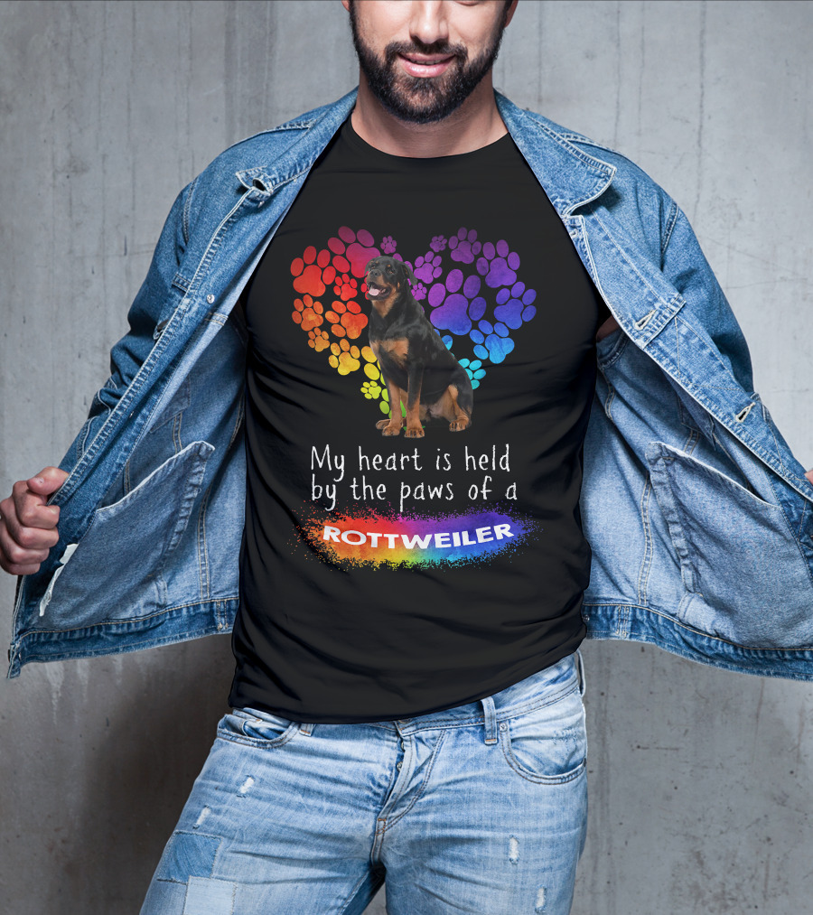 My Heart Is Held By The Paws Of A Rottweiler Rainbow Paw Print Heart T-Shirt