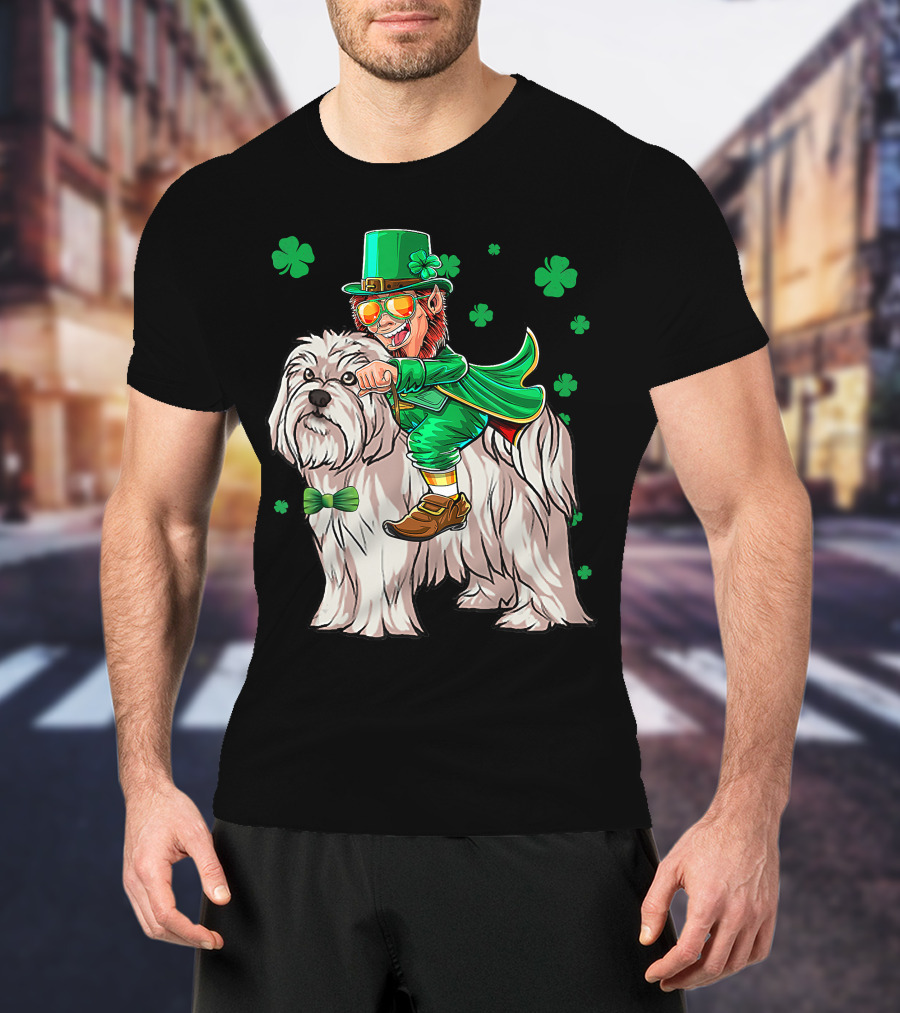 Leprechaun Riding Maltese Dog With Shamrocks T-Shirt