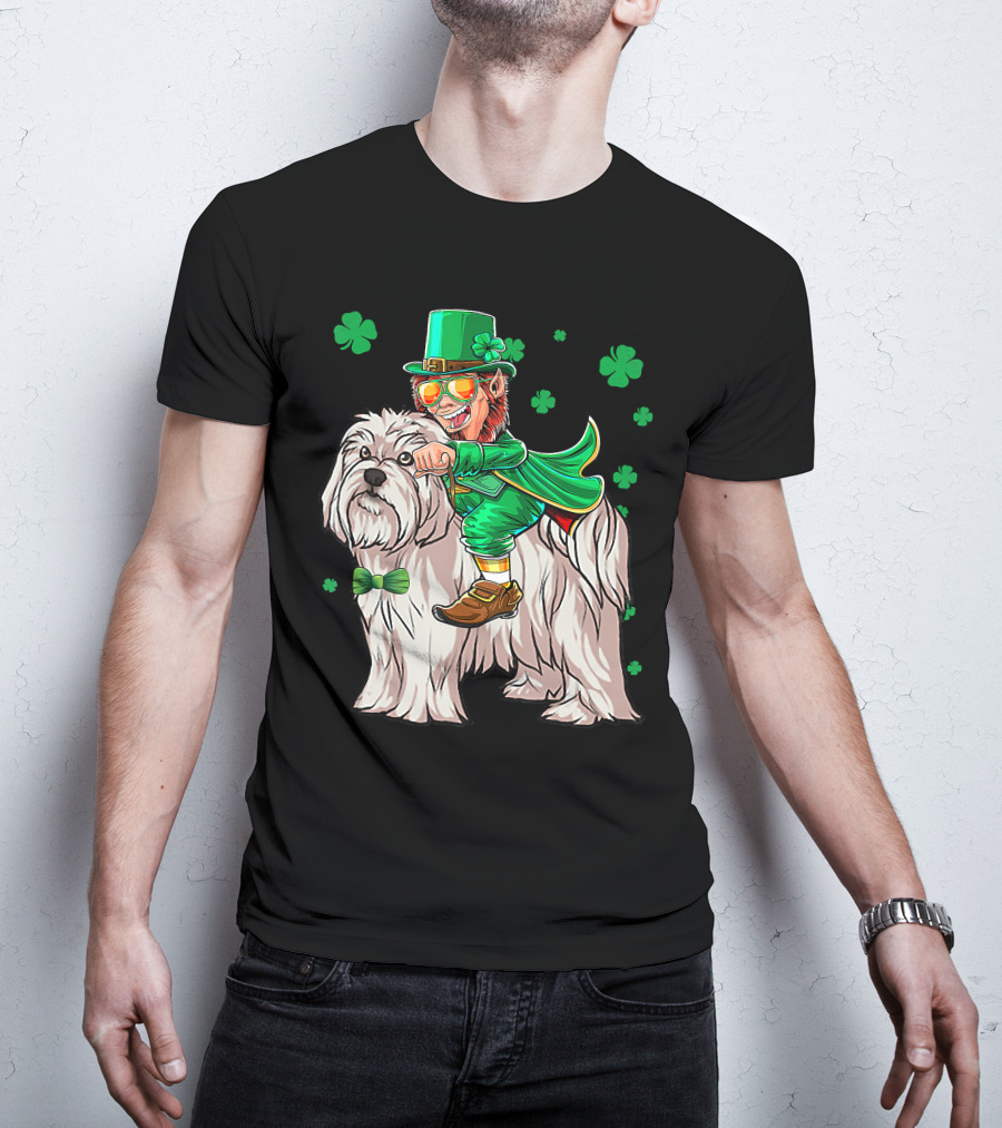 Leprechaun Riding Maltese Dog With Shamrocks T-Shirt