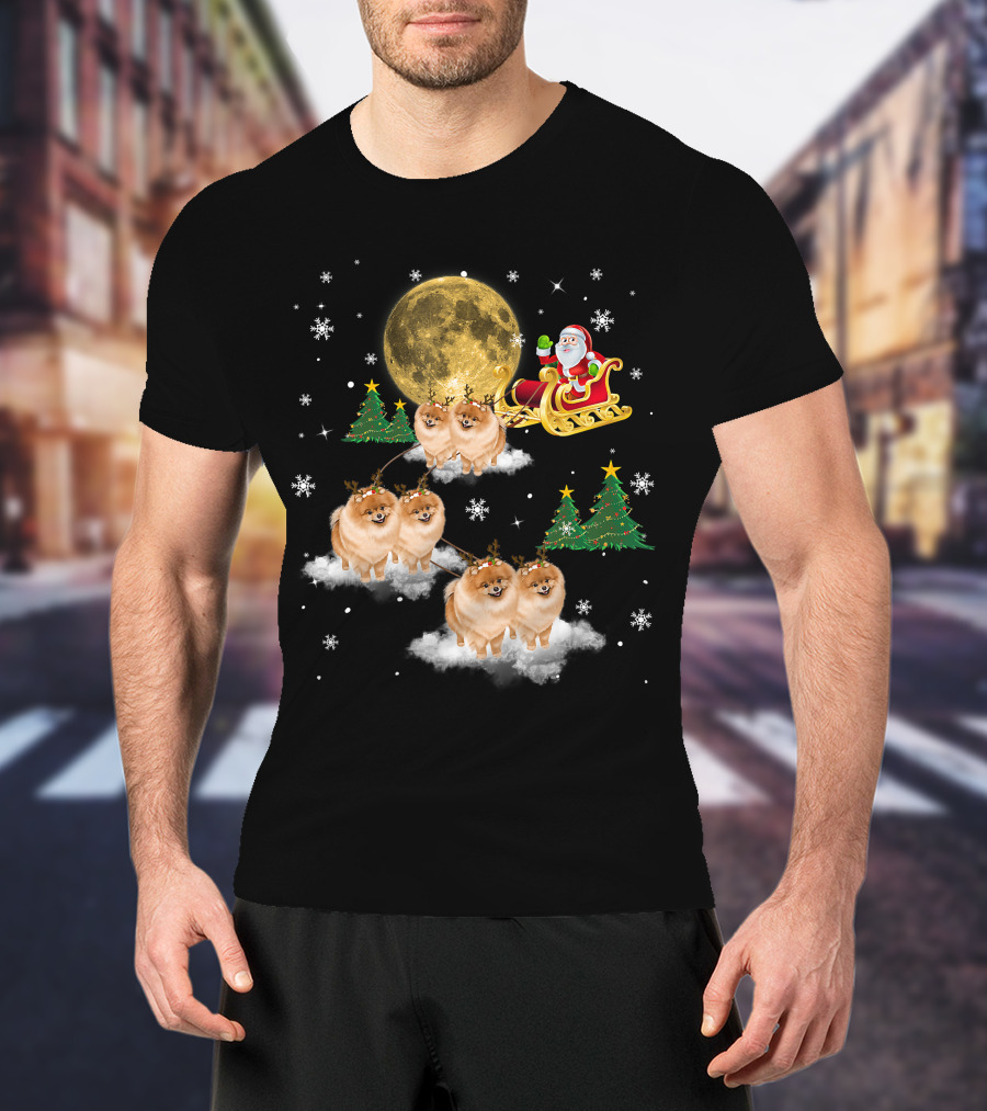 Pomeranian Christmas Santa Sled With Reindeer Funny Dog Love T-Shirt