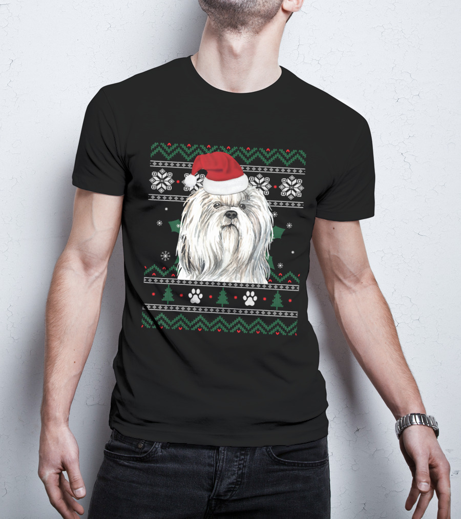 Cute Shih Tzu Dog Wears Santa Hat Christmas Pattern Snowflakes And Trees T-Shirt