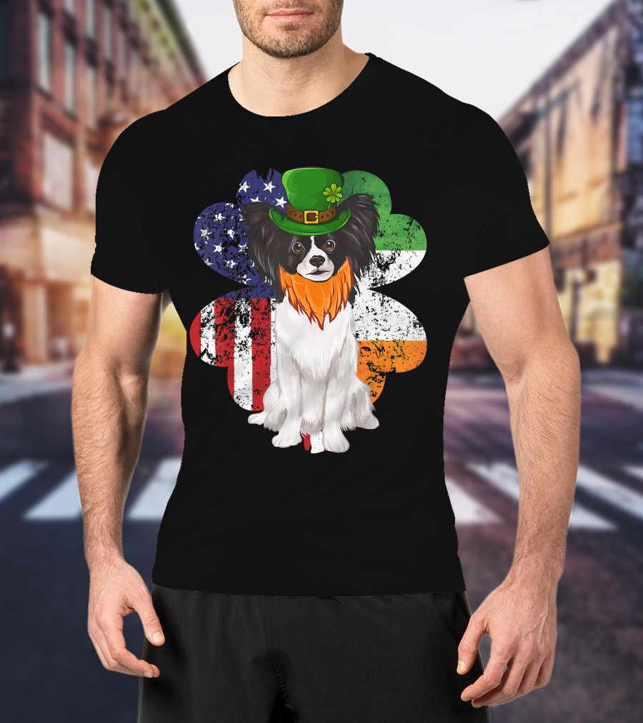 St Patricks Day Irish American Flag Papillon Dog With Leprechaun Hat And Shamrock T-Shirt