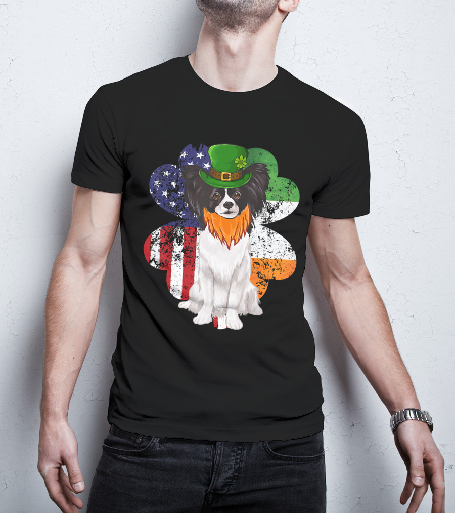 St Patricks Day Irish American Flag Papillon Dog With Leprechaun Hat And Shamrock T-Shirt