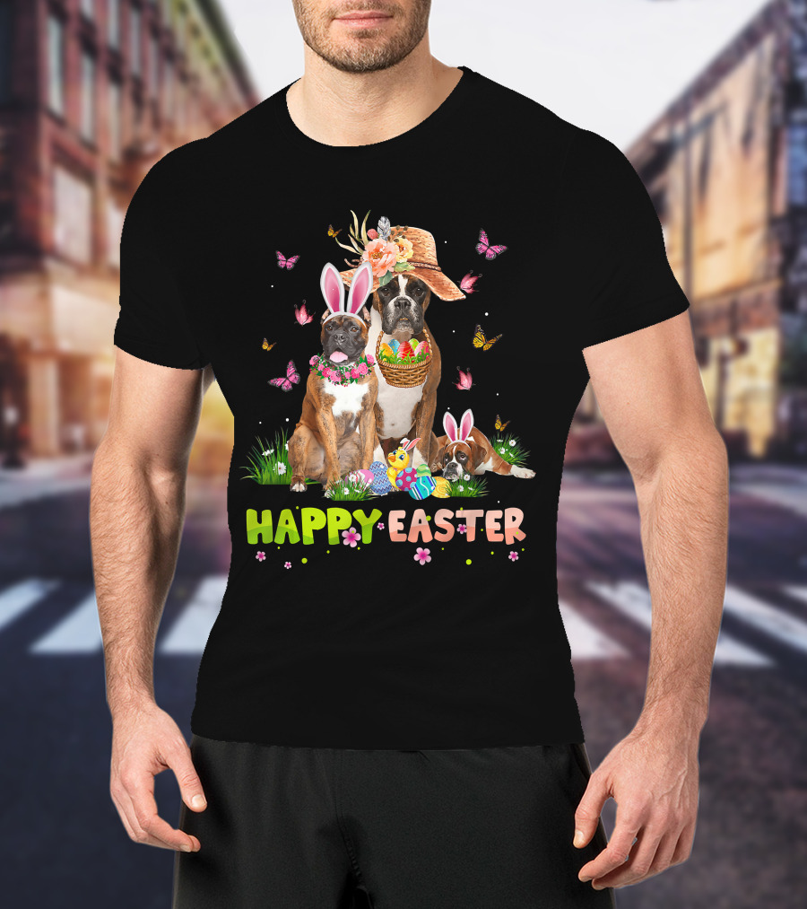 Boxer Dog Happy Easter Bunny Hat Eggs Butterflies T-Shirt