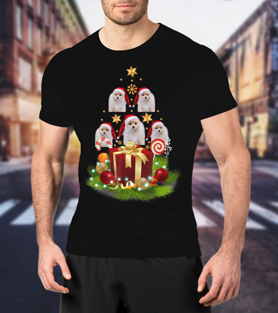 Santa Pomeranian Christmas Tree With Presents And Candy Canes T-Shirt