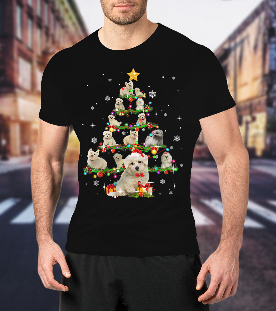Maltese Christmas Tree With Santa Hat And Paw Up T-Shirt