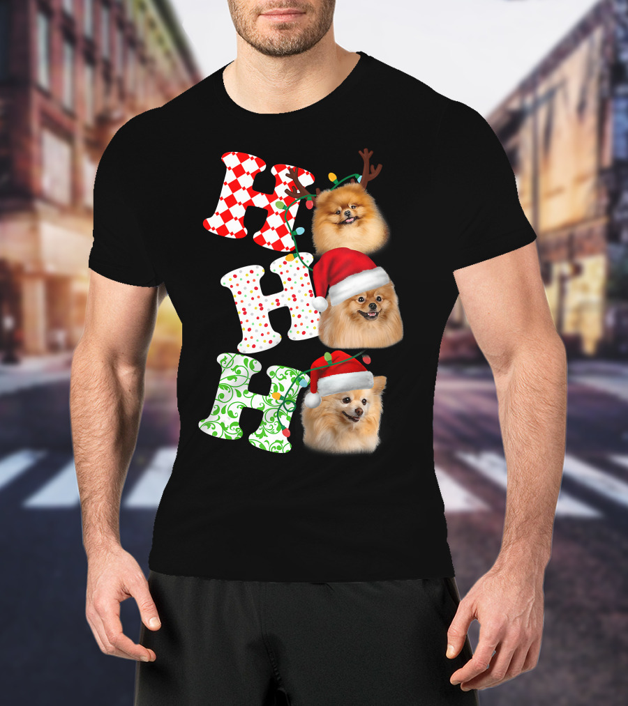 Ho Ho Ho Pomeranian Santa Hat Reindeer Antlers Christmas T-Shirt
