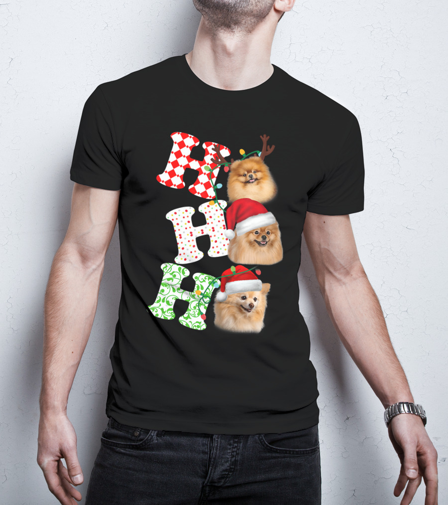 Ho Ho Ho Pomeranian Santa Hat Reindeer Antlers Christmas T-Shirt