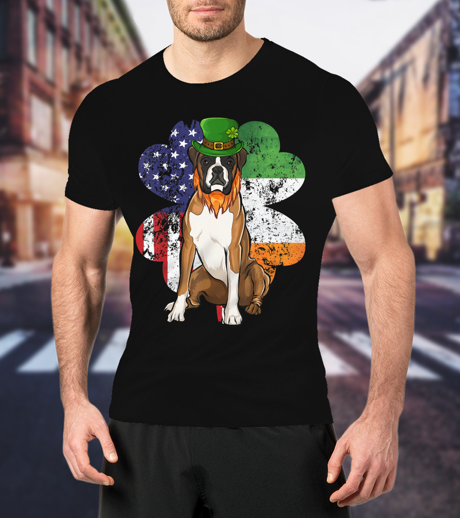 St Patricks Day Boxer Dog With Irish American Flag Shamrock T-Shirt