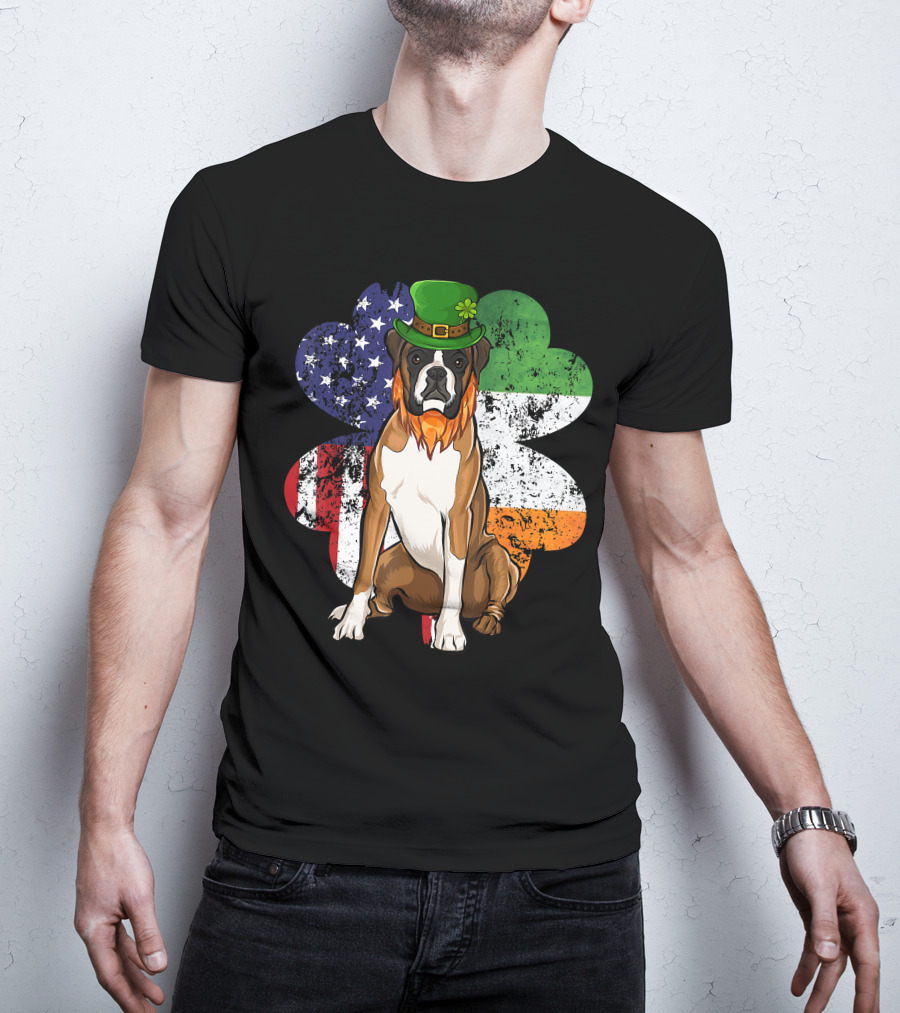 St Patricks Day Boxer Dog With Irish American Flag Shamrock T-Shirt