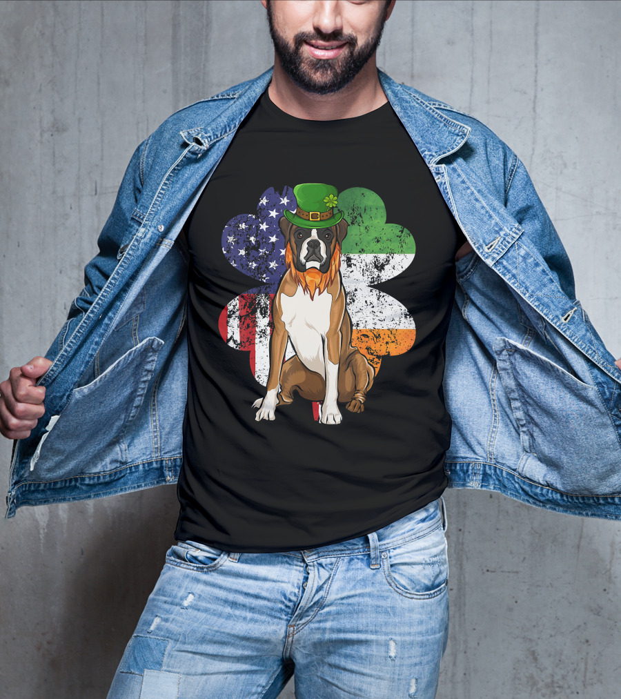 St Patricks Day Boxer Dog With Irish American Flag Shamrock T-Shirt