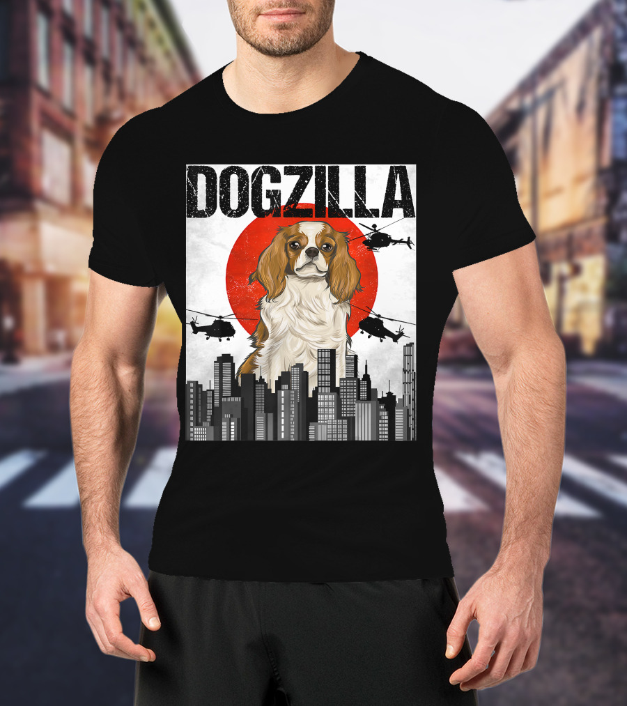 Funny Japanese Dogzilla Cavalier King Charles Helicopter City Skyline T-Shirt