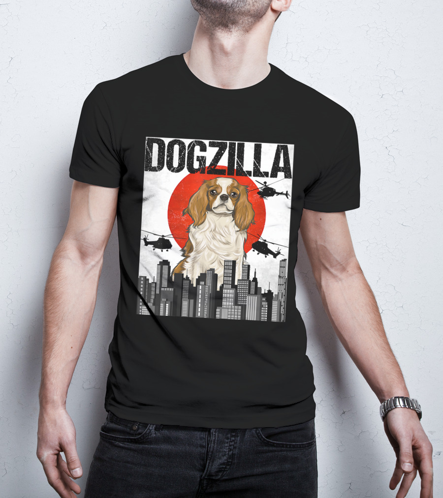 Funny Japanese Dogzilla Cavalier King Charles Helicopter City Skyline T-Shirt