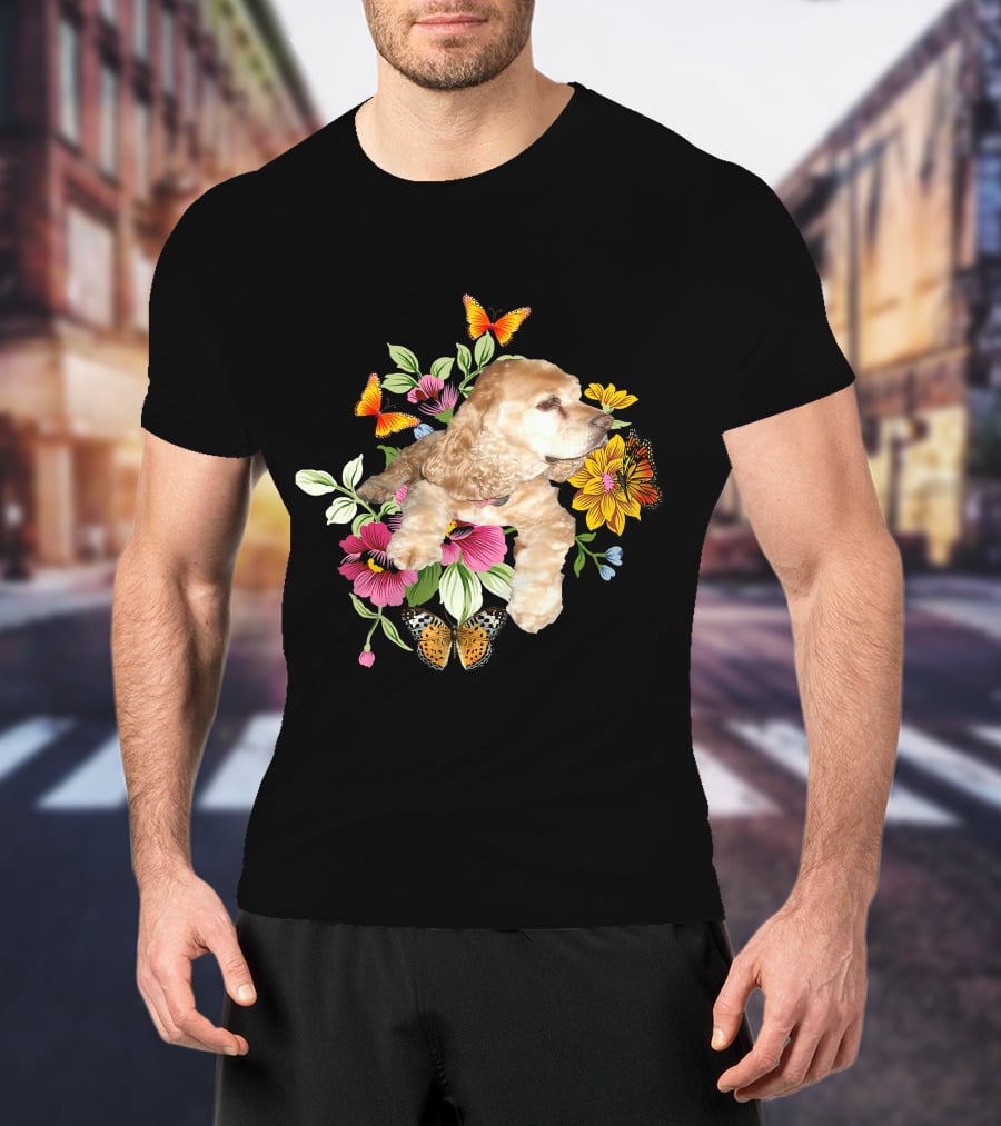 Cocker Spaniel Floral Background Butterflies Loyal Family T-Shirt