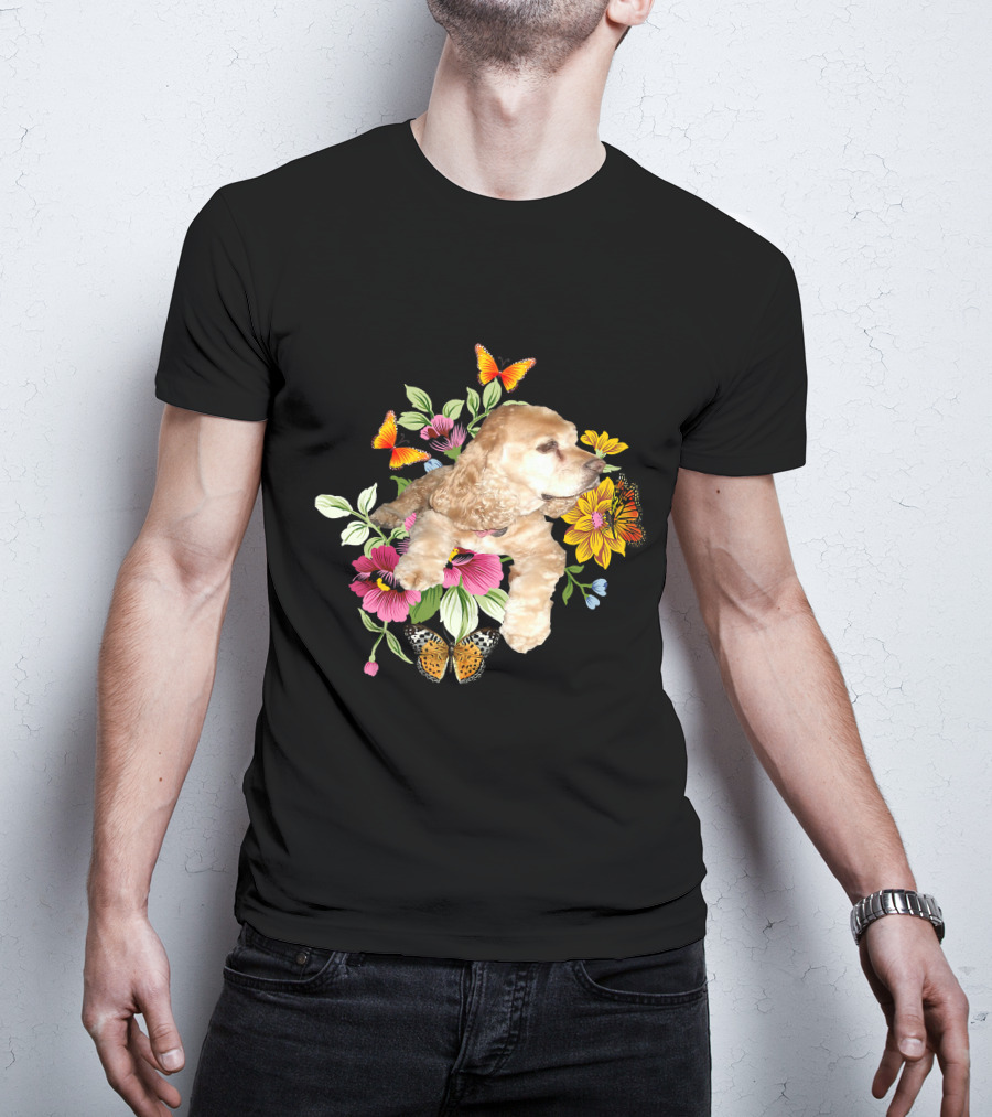 Cocker Spaniel Floral Background Butterflies Loyal Family T-Shirt