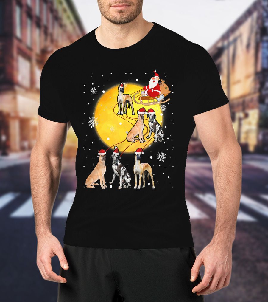 Santa Claus Sleigh Great Dane Reindeer Pack Moon Snowflakes T-Shirt