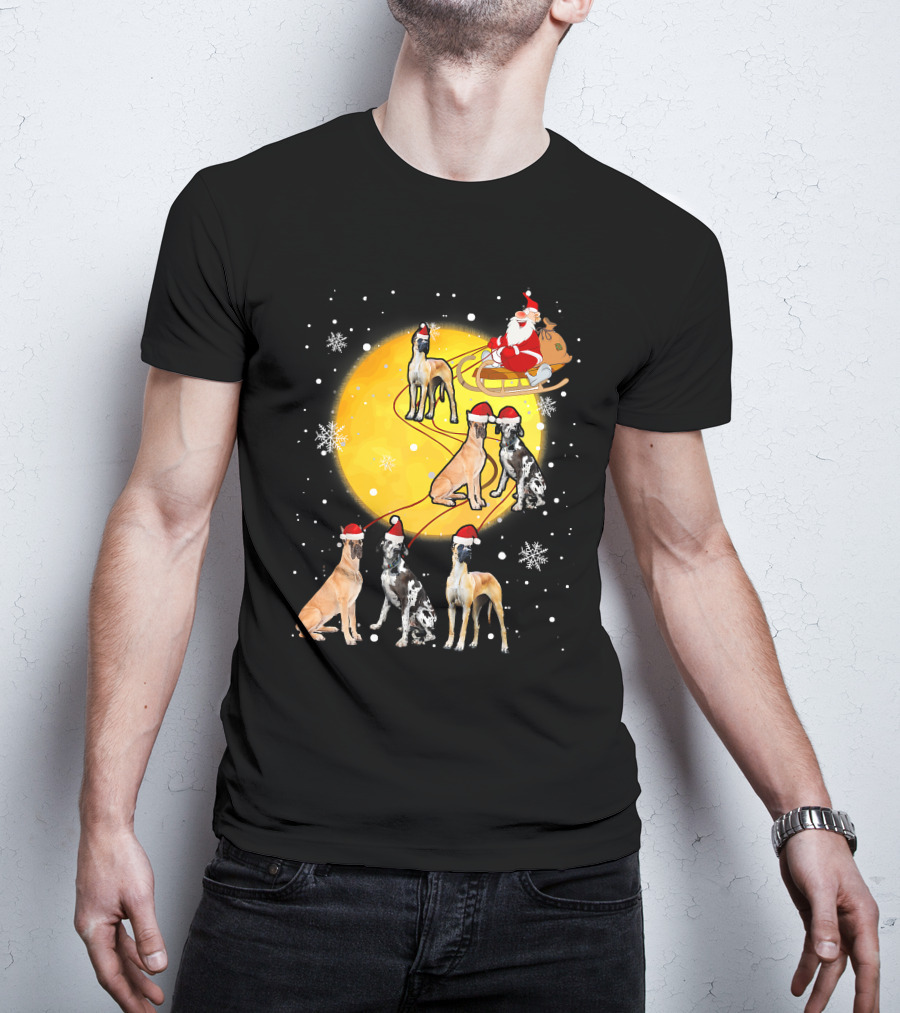 Santa Claus Sleigh Great Dane Reindeer Pack Moon Snowflakes T-Shirt