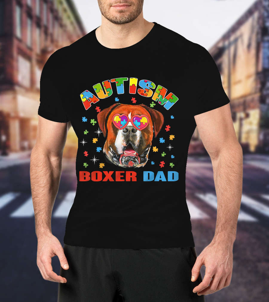 Autism Awareness Boxer Dog Dad With Heart Puzzle Glasses T-Shirt