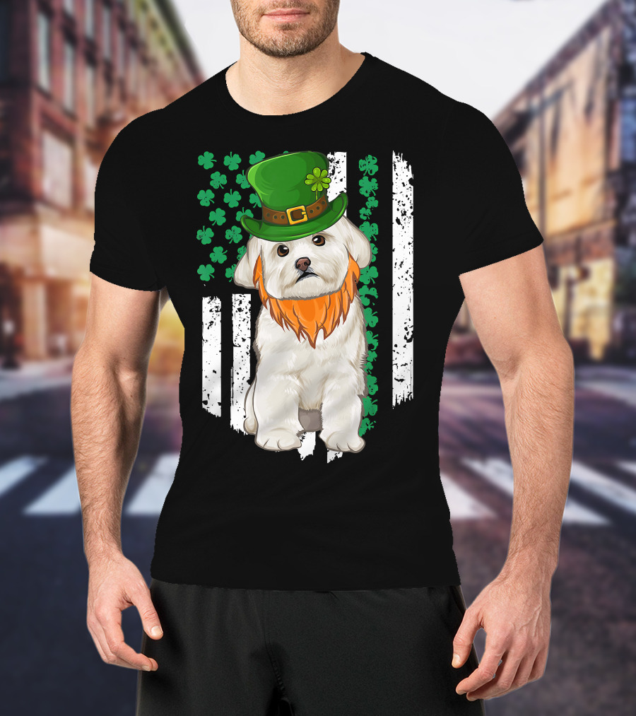 Maltese Dog With Leprechaun Hat And Shamrocks On Irish American Flag For St Patrick's Day T-Shirt