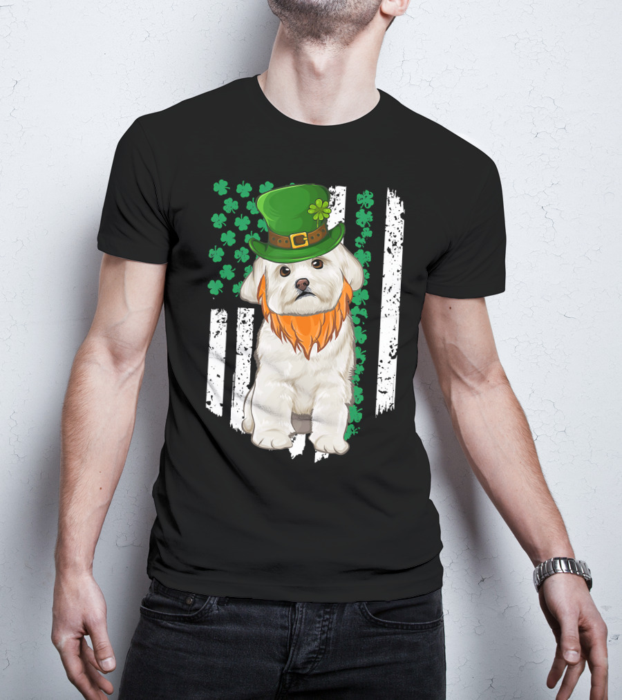 Maltese Dog With Leprechaun Hat And Shamrocks On Irish American Flag For St Patrick's Day T-Shirt