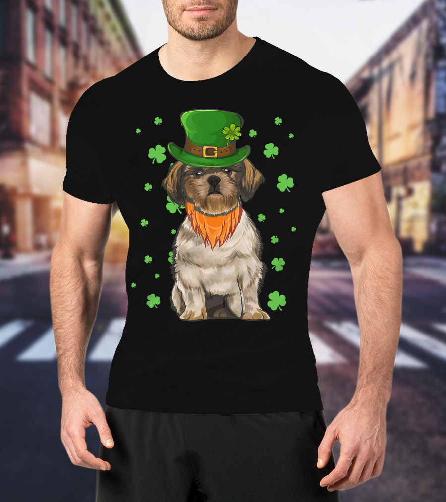 St Patricks Day Shih Tzu Dog With Green Hat And Shamrocks T-Shirt