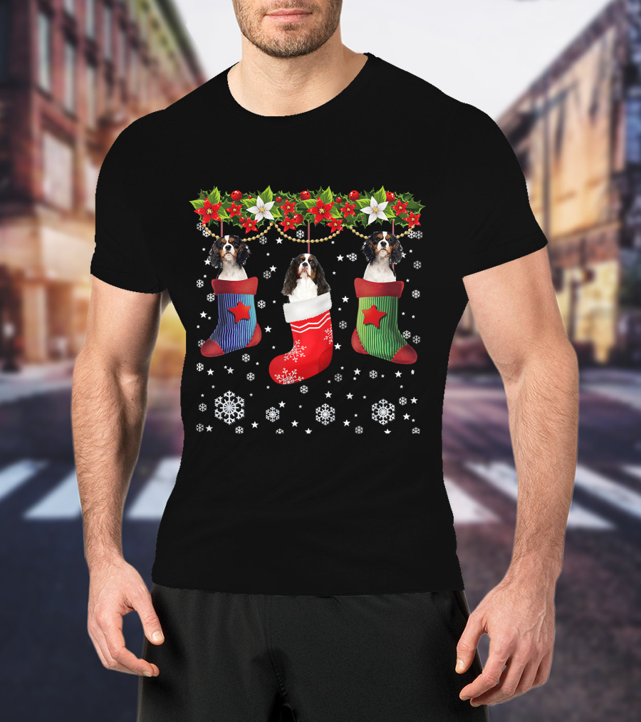 Three Cavalier Dogs In Christmas Stocking Santa Socks T-Shirt