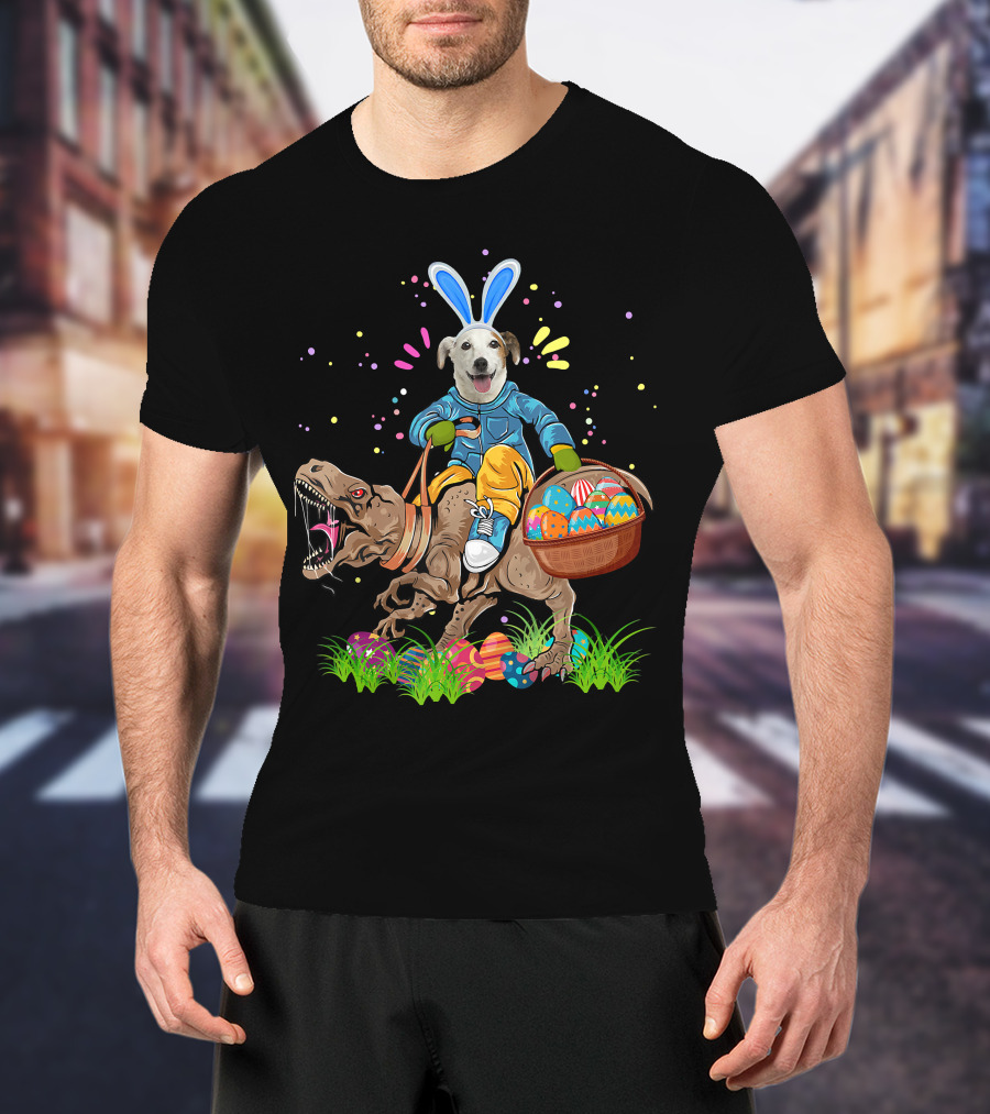 Bunny Jack Russell Dog Riding T-Rex Dinosaur With Colorful Easter Eggs T-Shirt