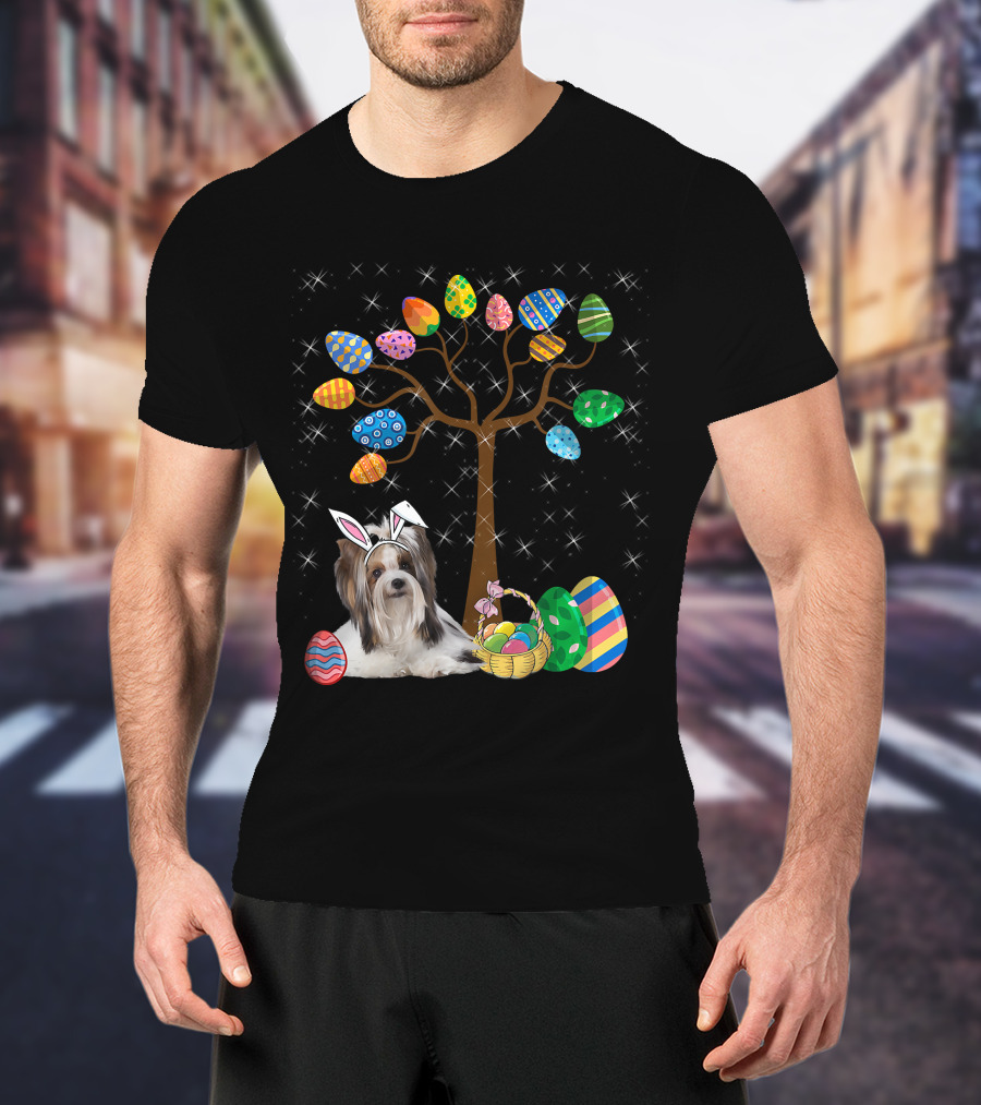 Shih Tzu Dog With Easter Egg Tree And Basket Hunt Day T-Shirt