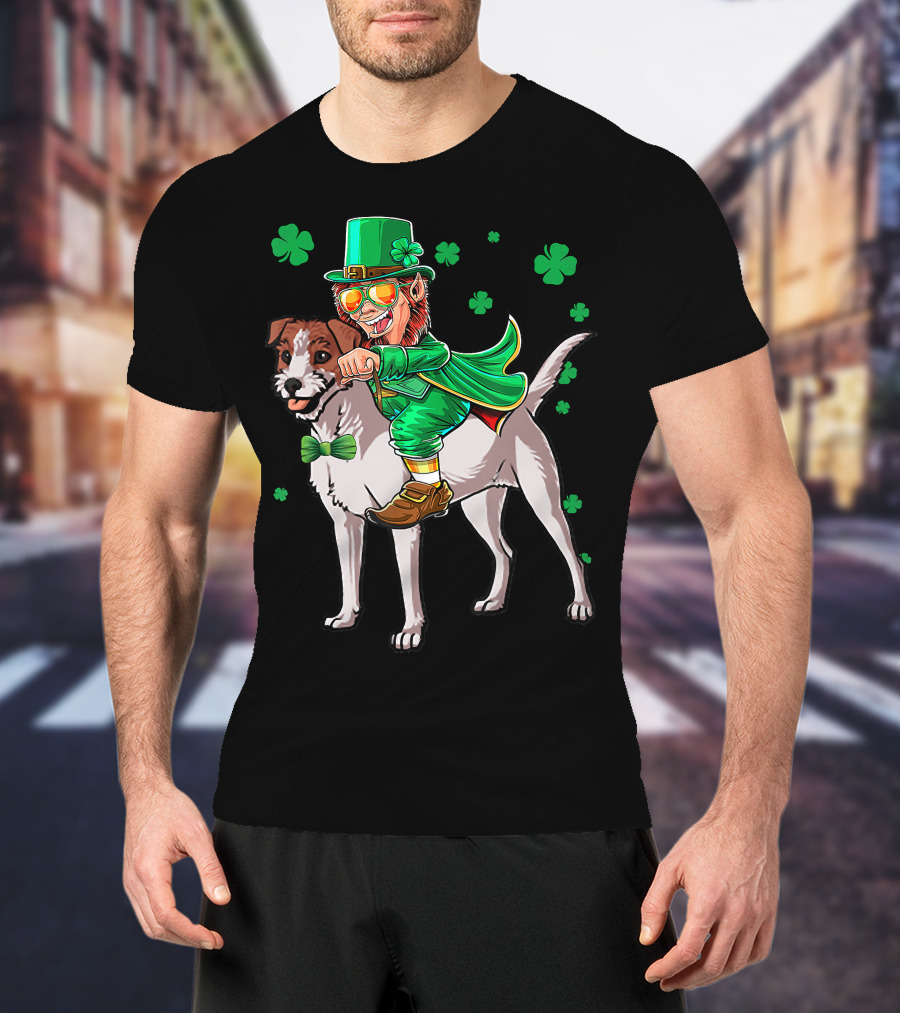 Leprechaun Jack Russell Terrier Riding Shamrock Luck T-Shirt