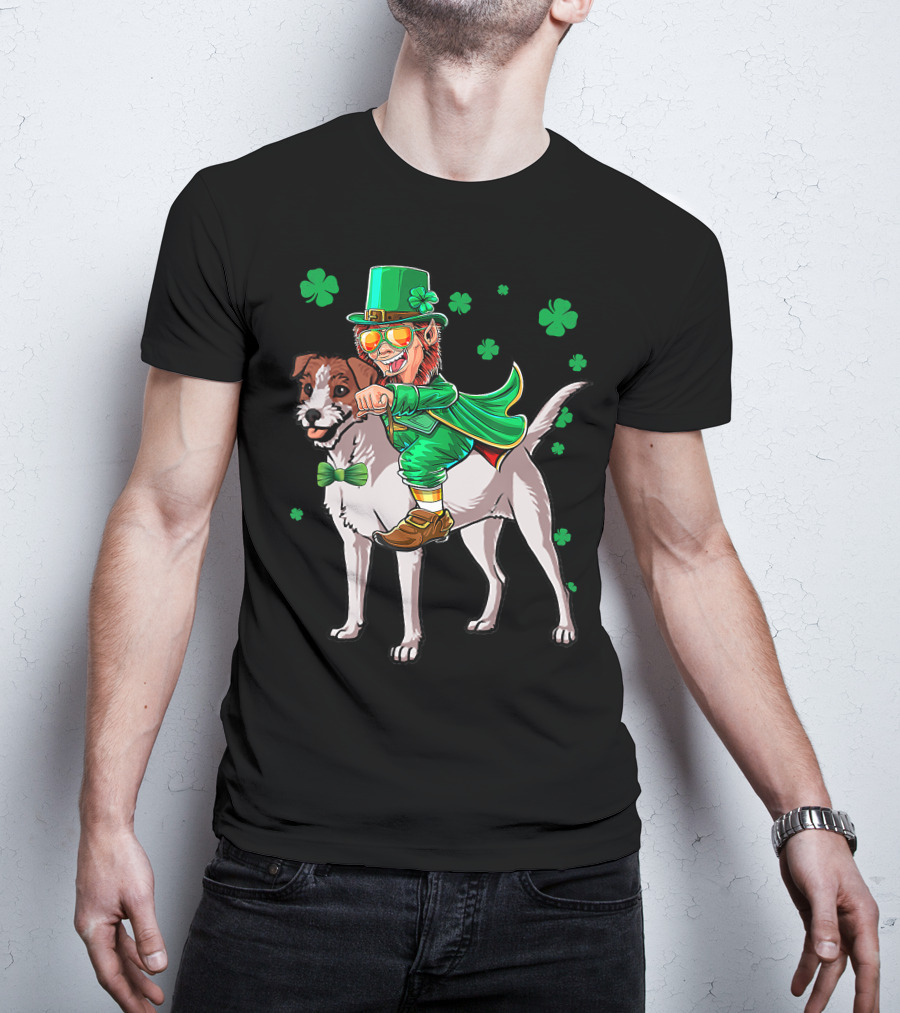 Leprechaun Jack Russell Terrier Riding Shamrock Luck T-Shirt