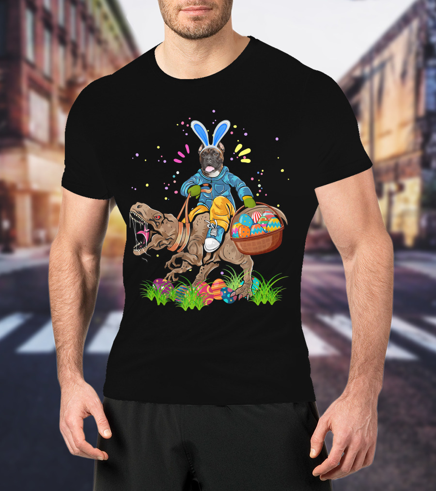 Bunny Boxer Dog Riding Rex Dinosaur With Easter Eggs Basket T-Shirt