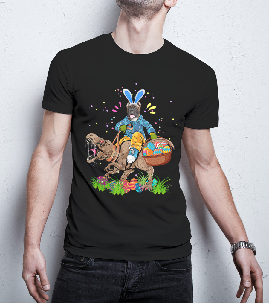 Bunny Boxer Dog Riding Rex Dinosaur With Easter Eggs Basket T-Shirt