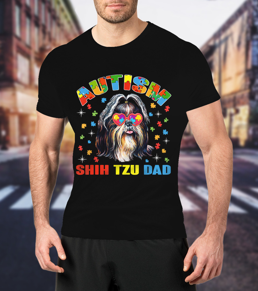 Autism Awareness Cute Shih Tzu Dog Dad With Puzzle Heart Glasses T-Shirt