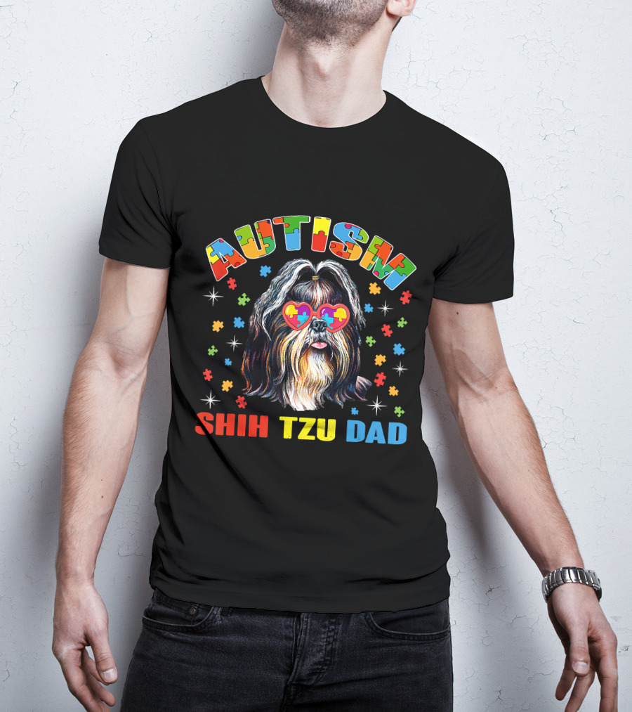 Autism Awareness Cute Shih Tzu Dog Dad With Puzzle Heart Glasses T-Shirt