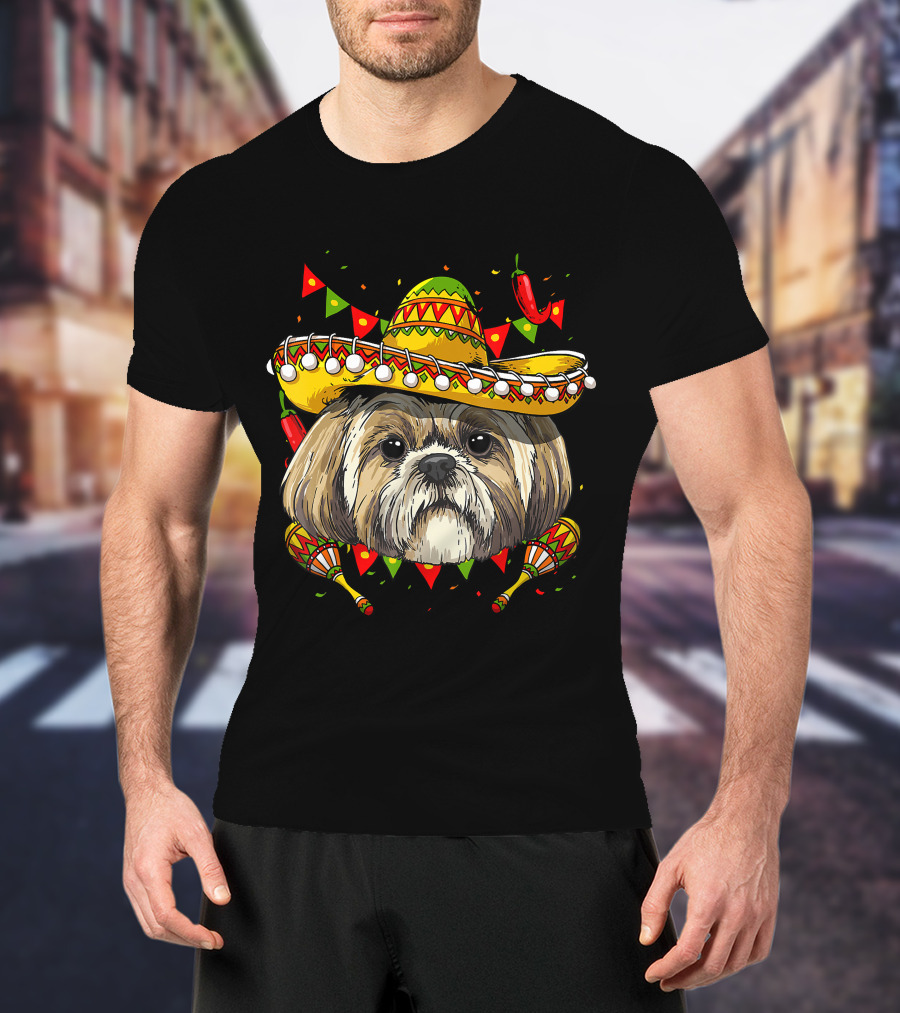 Cinco De Mayo Shih Tzu Sombrero Maracas Chili Peppers Fiesta T-Shirt