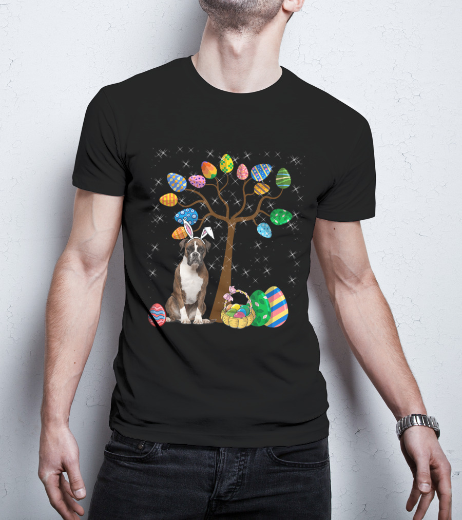 Boxer Dog With Easter Egg Tree And Bunny Ears For Easter Day T-Shirt